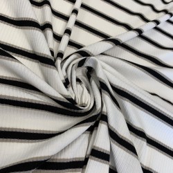 Трикотаж рибана молочный в поперечную полоску чёрного и бежевого цвета