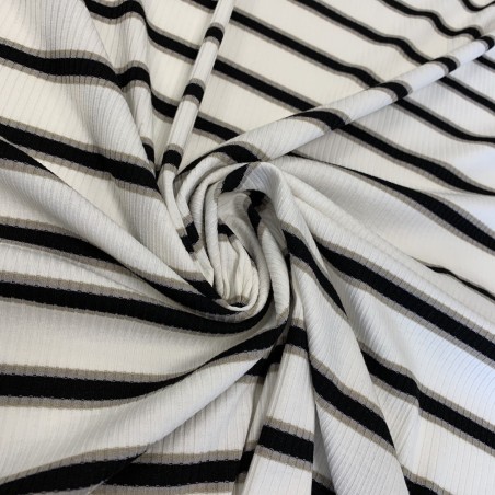 Трикотаж рибана молочный в поперечную полоску чёрного и бежевого цвета