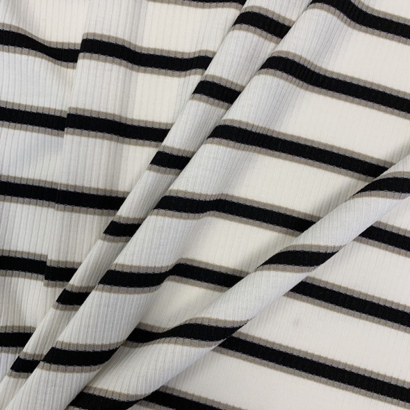 Трикотаж рибана молочный в поперечную полоску чёрного и бежевого цвета