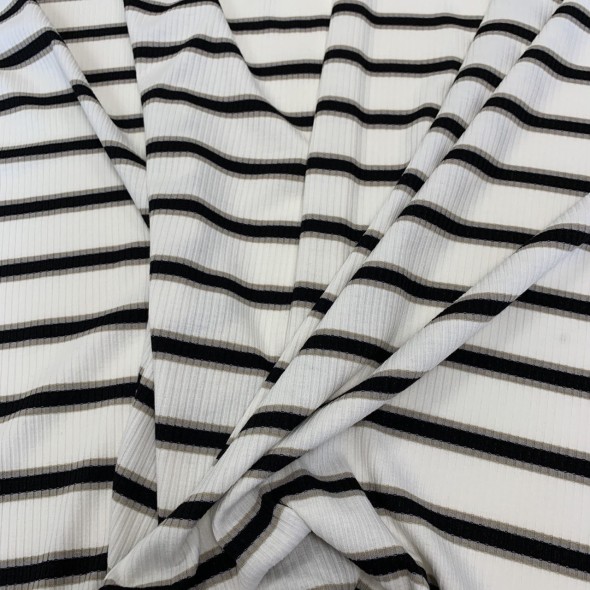 Трикотаж рибана молочный в поперечную полоску чёрного и бежевого цвета