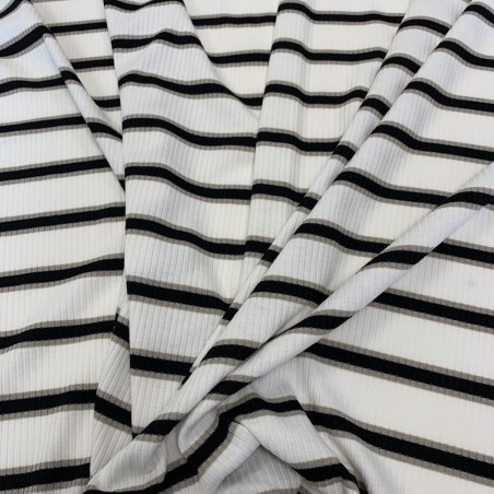 Трикотаж рибана молочный в поперечную полоску чёрного и бежевого цвета