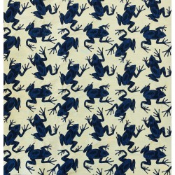 Жаккард с синими лягушками на бледно-желтом фоне