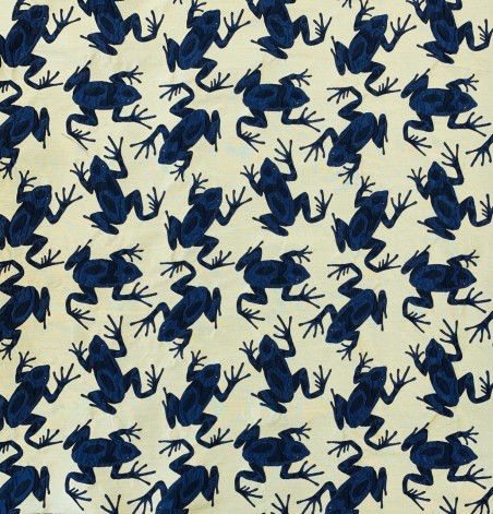 Жаккард с синими лягушками на бледно-желтом фоне