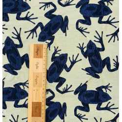 Жаккард с синими лягушками на бледно-желтом фоне