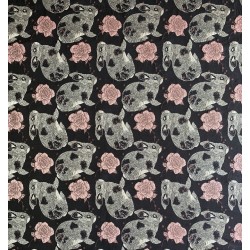 Ткань жаккардовая темно-синяя с серыми зайцами и розами