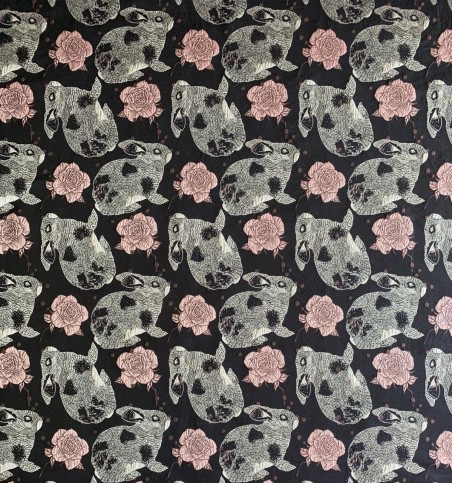 Ткань жаккардовая темно-синяя с серыми зайцами и розами