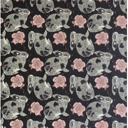 Ткань жаккардовая темно-синяя с серыми зайцами и розами