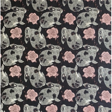 Ткань жаккардовая темно-синяя с серыми зайцами и розами