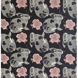 Ткань жаккардовая темно-синяя с серыми зайцами и розами