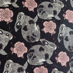 Ткань жаккардовая темно-синяя с серыми зайцами и розами