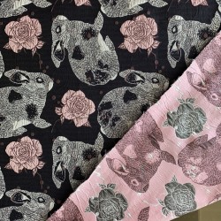 Ткань жаккардовая темно-синяя с серыми зайцами и розами