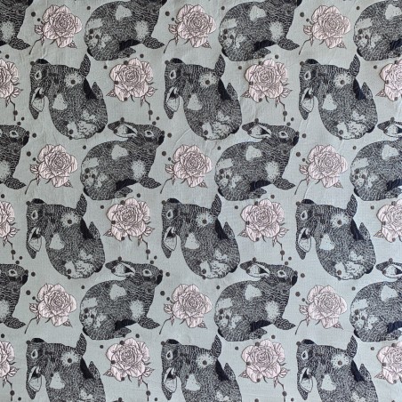 Ткань жаккардовая голубая с зайцами