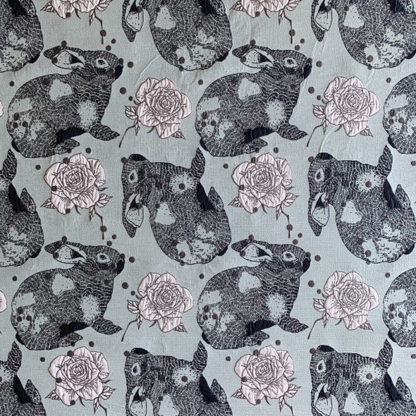 Ткань жаккардовая голубая с зайцами