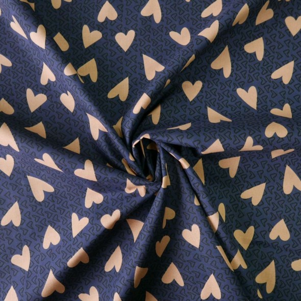 Ткань хлопок  хаки с принтом сердечки на синем фоне