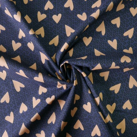 Ткань хлопок  хаки с принтом сердечки на синем фоне