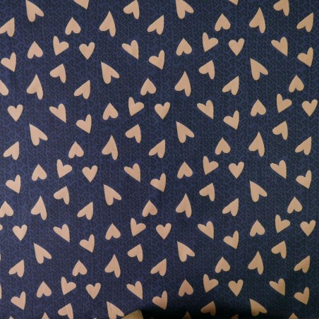 Ткань хлопок  хаки с принтом сердечки на синем фоне