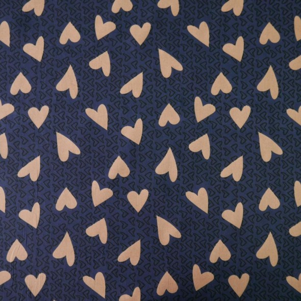 Ткань хлопок  хаки с принтом сердечки на синем фоне