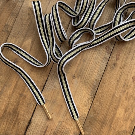 Шнурки черно-белые с золотистой полоской,мягкие,вискозные