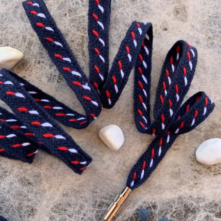 Темно-синие плетёные шнурки с красно-белым декором