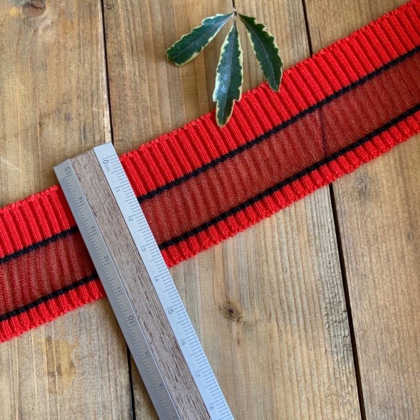 Яркие красные трикотажные подвязы с чёрными полосками и широкой прозрачной полосой