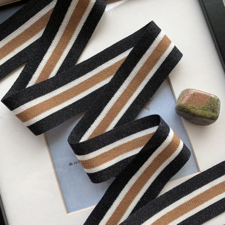 Лампасы трикотажные темно-серые с бежевой и молочными полосками для  декорирования одежды, с матовым люрексом