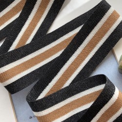 Лампасы трикотажные темно-серые с бежевой и молочными полосками для  декорирования одежды, с матовым люрексом
