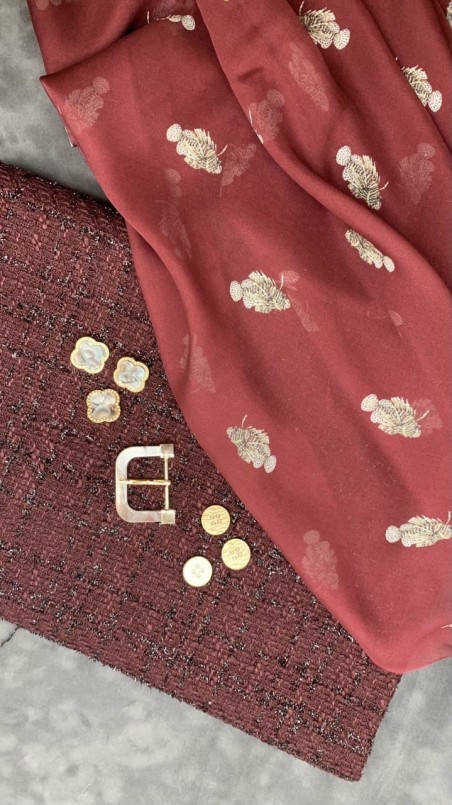 Шелк натуральный 100% Бордо с принтом рыбы