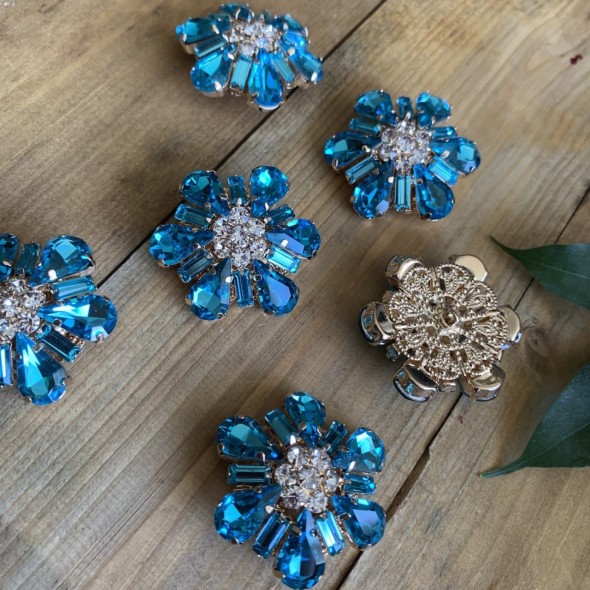 Пуговицы крупные бирюзовые кристаллы в оправе из золотистого металла