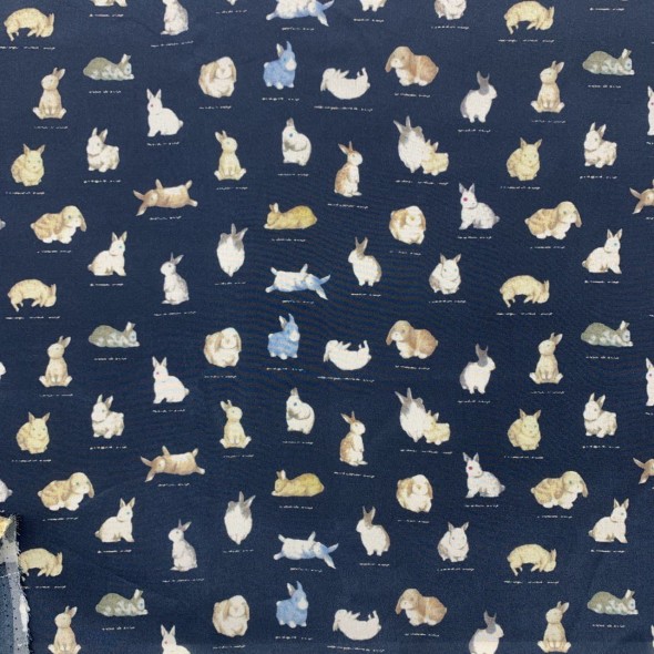 Шелк 100% натуральный темно-синий с принтом кролики
