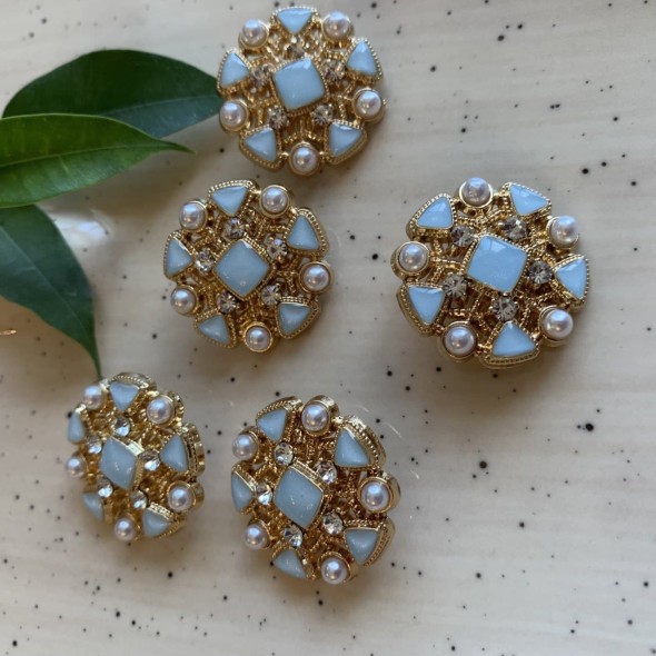 Пуговицы металлические золотистые в форме снежинки с голубыми вставками, 25 мм