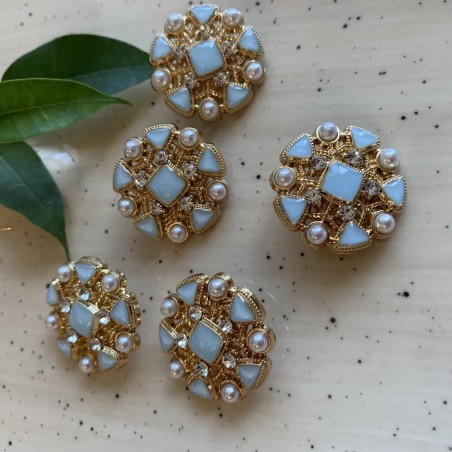 Пуговицы металлические золотистые в форме снежинки с голубыми вставками, 25 мм