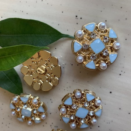 Пуговицы металлические золотистые в форме снежинки с голубыми вставками, 25 мм
