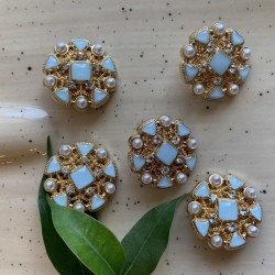 Пуговицы металлические золотистые в форме снежинки с голубыми вставками, 25 мм