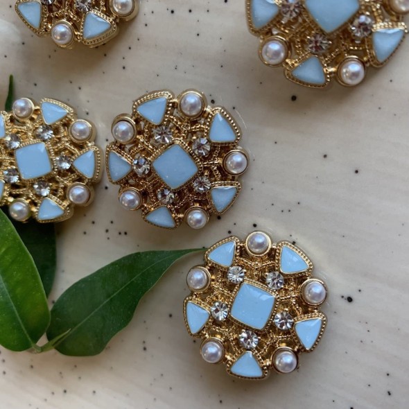 Пуговицы металлические золотистые в форме снежинки с голубыми вставками, 25 мм