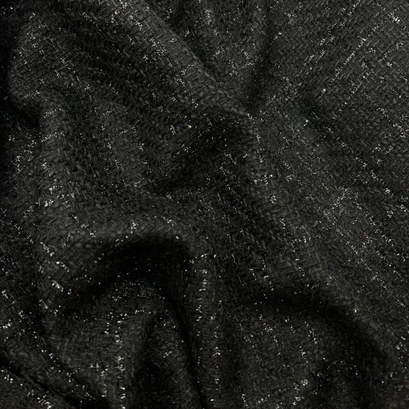Твид однотонный классический чёрный с блестящей нитью в тон