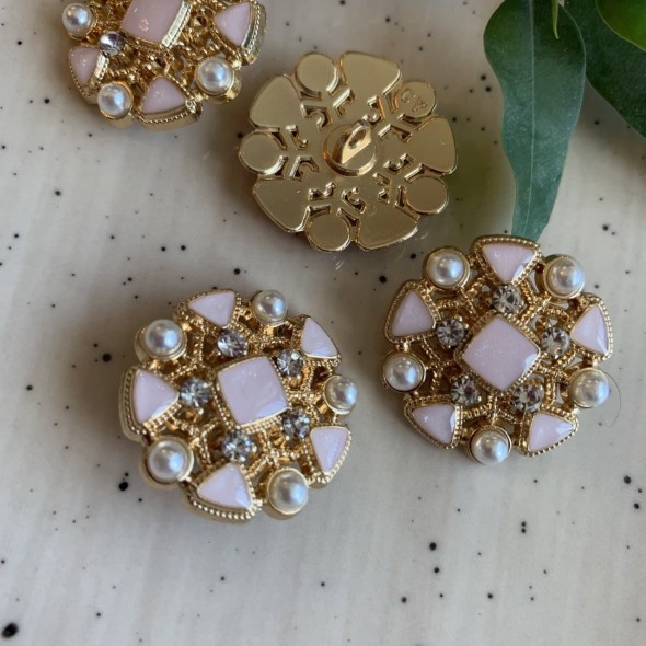 Пуговицы металлические золотистые в форме снежинки с розовыми вставками,25 мм