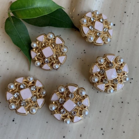 Пуговицы металлические золотистые в форме снежинки с розовыми вставками,25 мм