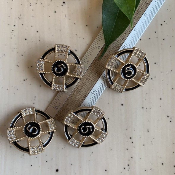 Золотистые пуговицы с чёрной эмалью и мелкими стразами, 25 мм