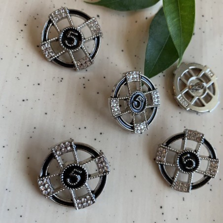 Серебристые пуговицы с чёрной эмалью и мелкими стразами, 25 мм