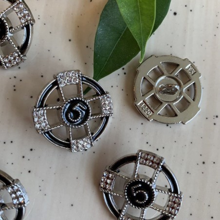Серебристые пуговицы с чёрной эмалью и мелкими стразами, 25 мм