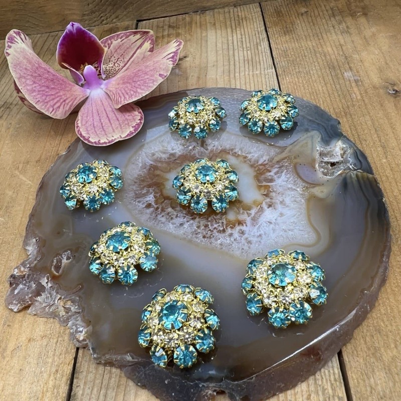 Пуговицы с бирюзовыми стразами кристалл в оправе из золотистого металла, 22 мм