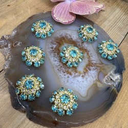 Пуговицы с бирюзовыми стразами кристалл в оправе из золотистого металла, 22 мм