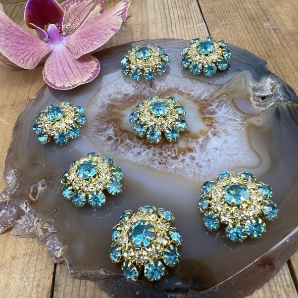 Пуговицы с бирюзовыми стразами кристалл в оправе из золотистого металла, 22 мм