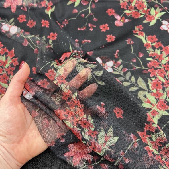 Сетка трикотажная чёрная с цветочным принтом