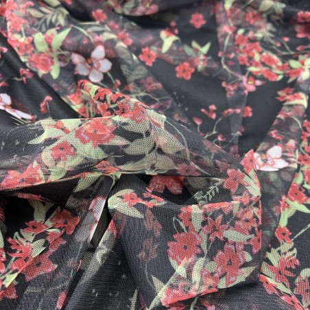 Сетка трикотажная чёрная с цветочным принтом