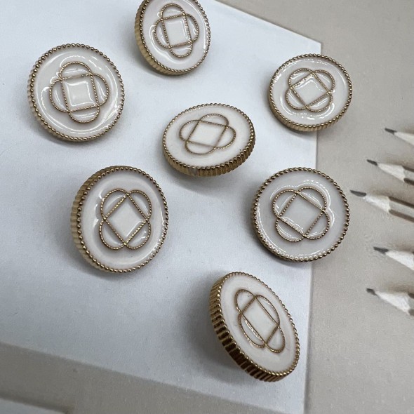 Пуговицы золотистые с молочной эмалью и графическим рисунком, на ножке, 18 мм