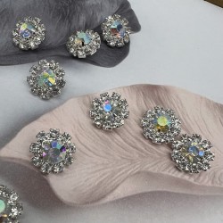 Пуговицы серебристый металл со стразами цвета кристалл и хамелеон, на ножке, 16 мм