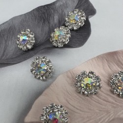 Пуговицы серебристый металл со стразами цвета кристалл и хамелеон, на ножке, 16 мм