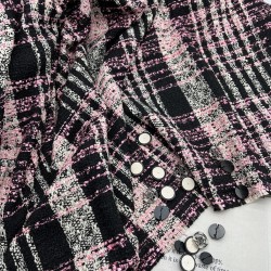 Твид в крупную клетку, черно-молочный с неоново-розовыми нитями