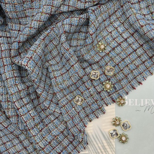 Твид меланжевый джинсового оттенка в клетку с шифоновыми лентами и люрексом